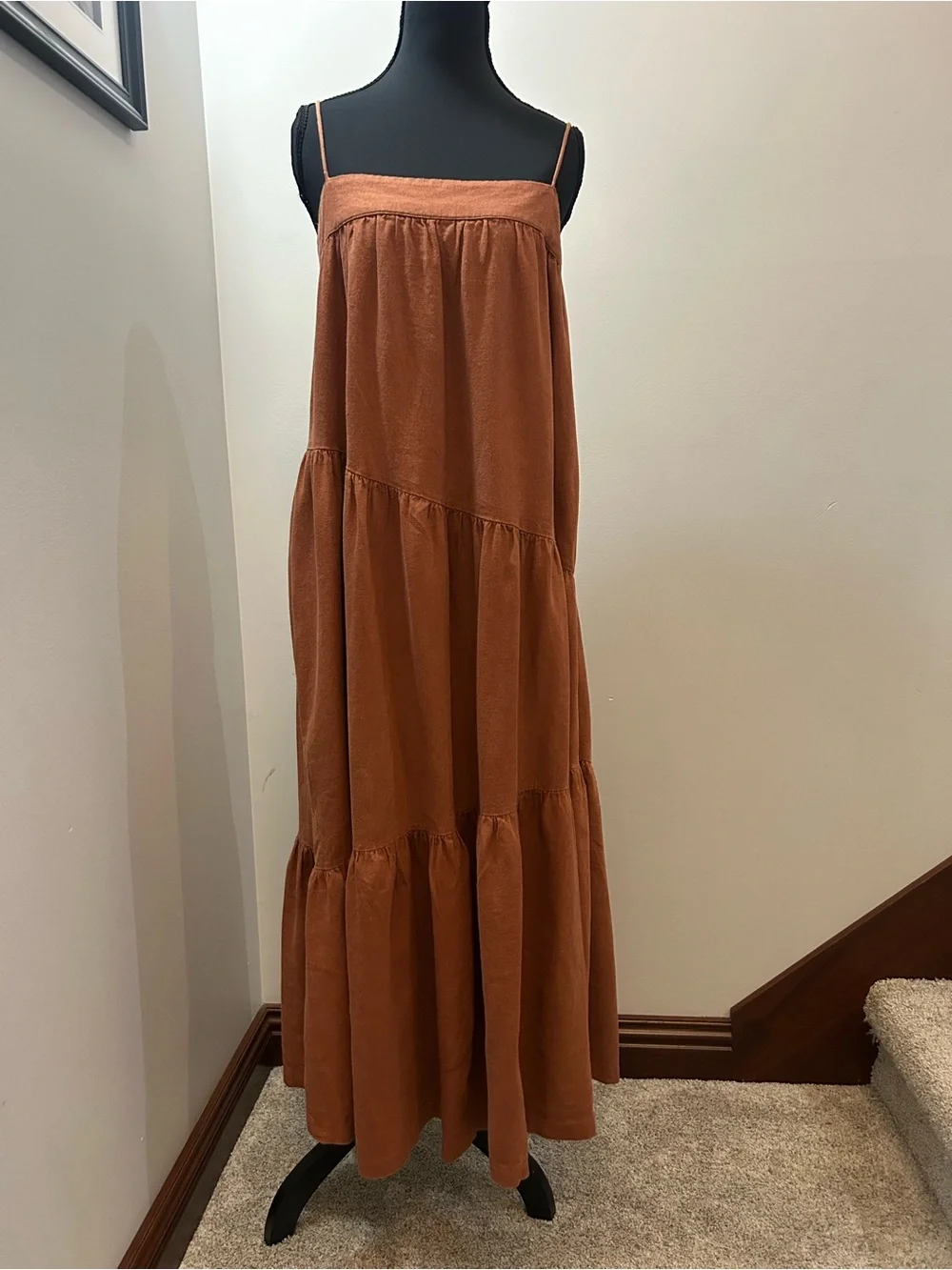Abercrombie Linen Blend Tiered Maxi Dress Rust Brown Boho Size S